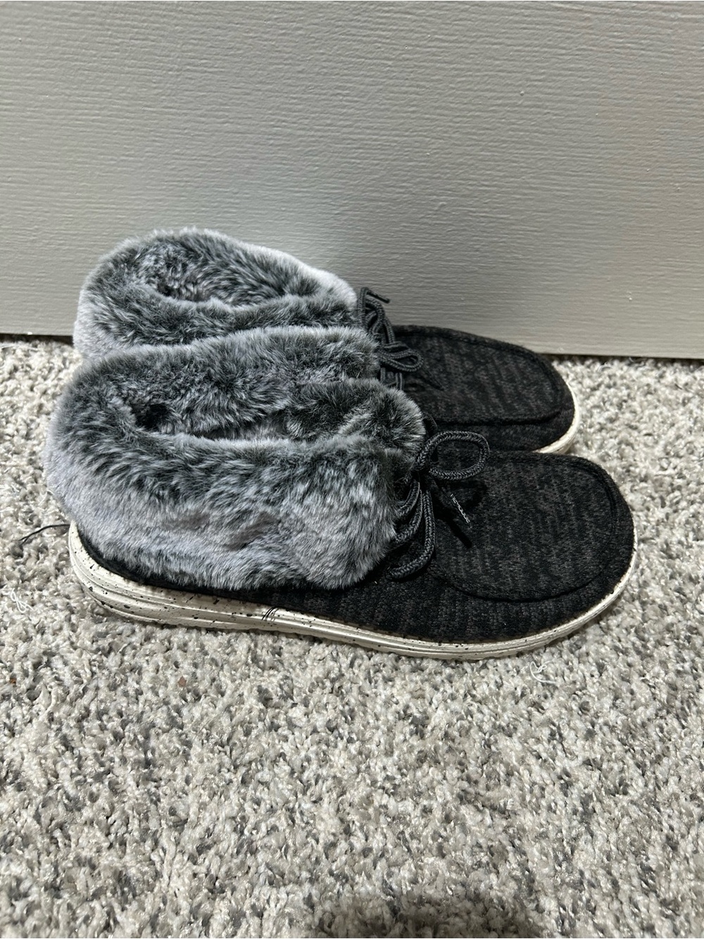 Hey Dude Women's Britt Black Knit Slip-On Sneakers with Gray Faux-Fur Collar
